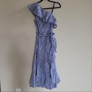 Adrianna Papell Blue and White Asymmetrical Ruffled Wrap Dress